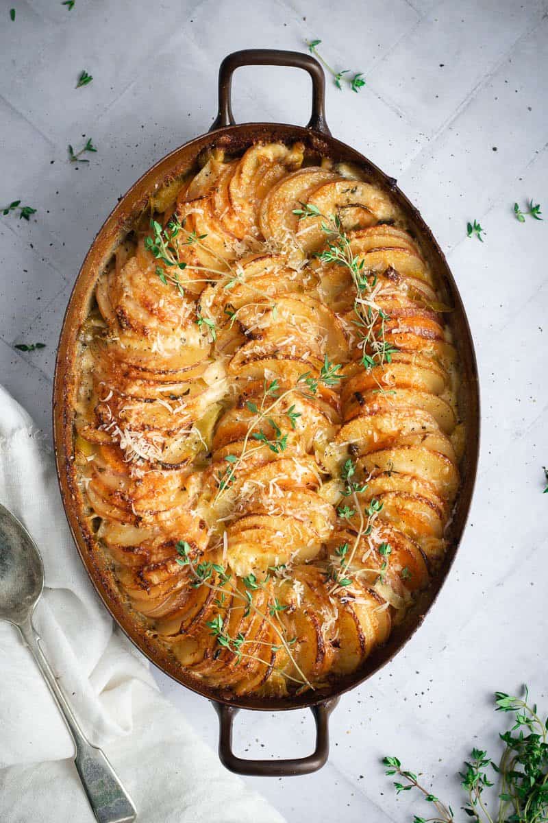 Black garlic potato gratin