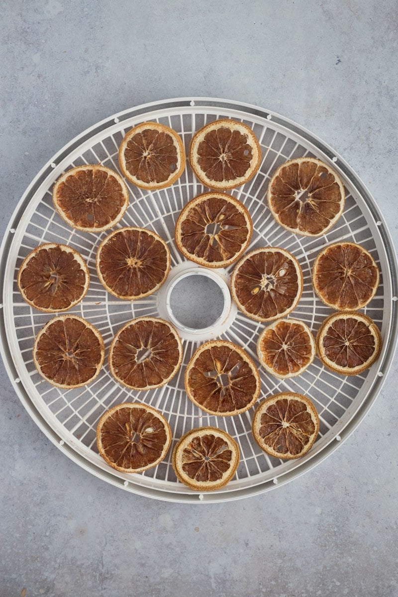 A round dehydrator tray lined with slices of dehydrated oranges.