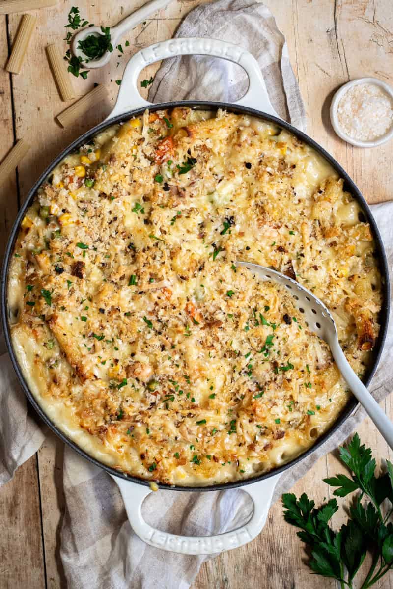Tuna pasta bake in a cast iron braiser.