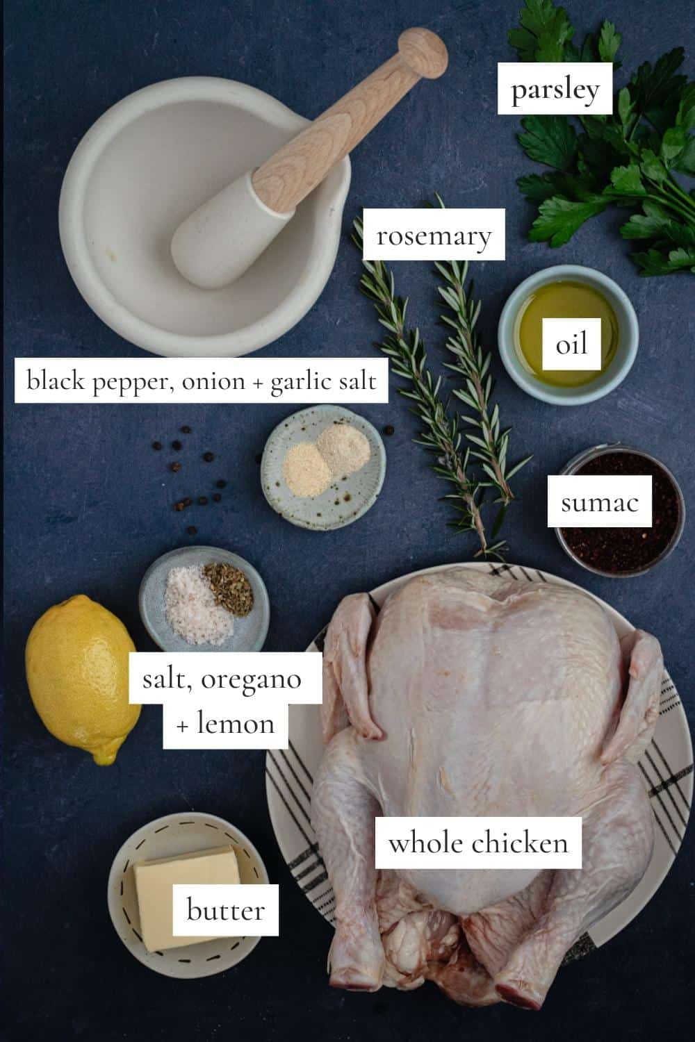 all the ingredients you need to make Greek-style roast chicken.