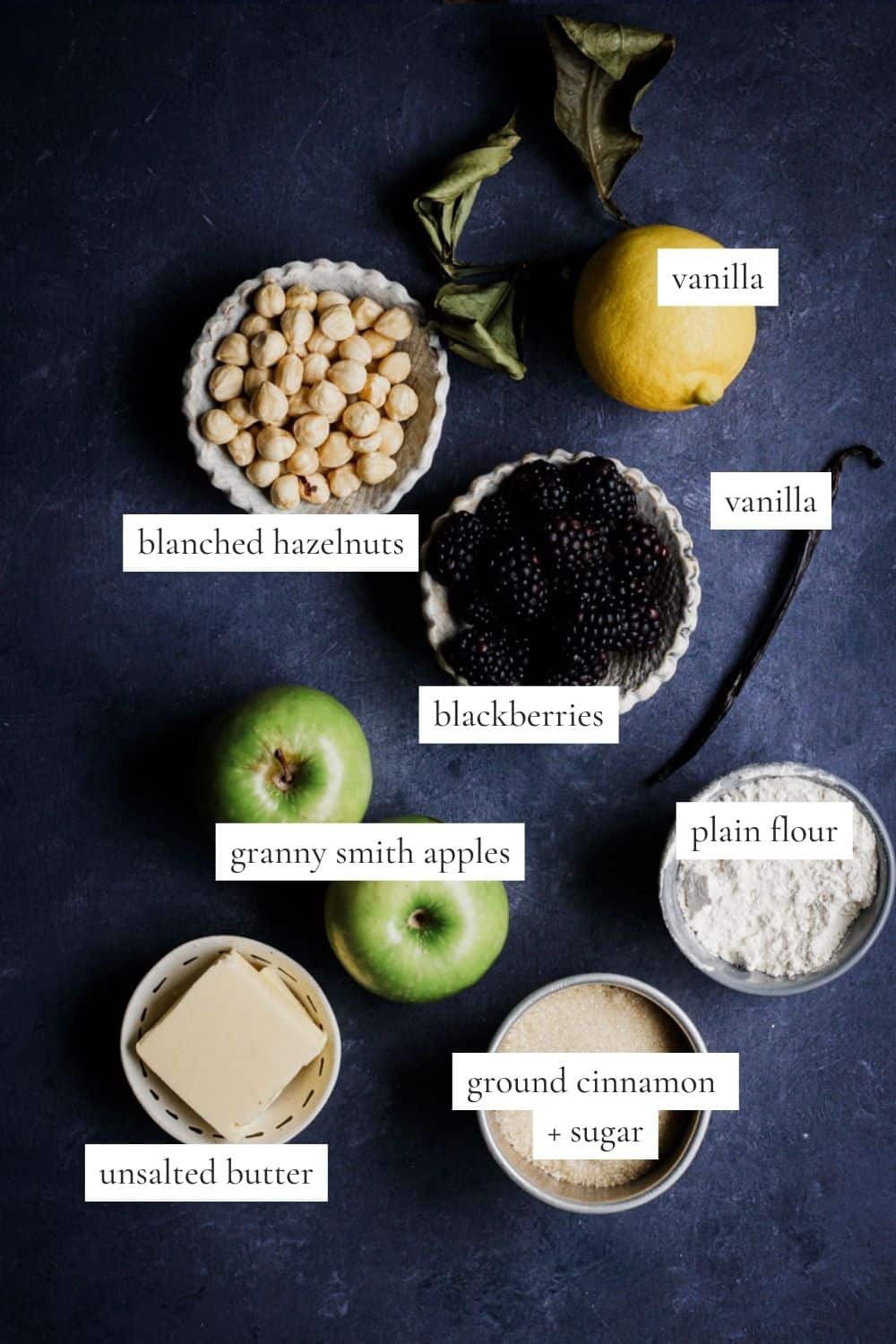 All the ingredients you need to make this apple and blackberry crumble.