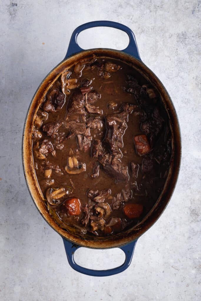 A finished Slow cooked beef and red wine casserole.