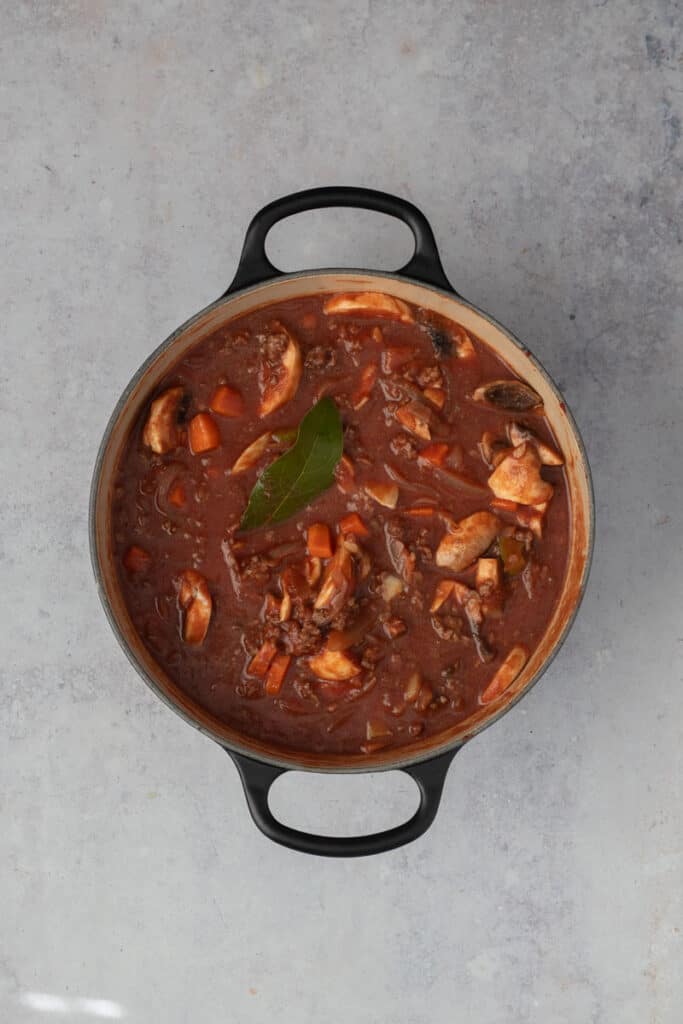 Everything in the pot prior to slow cooking in the oven.