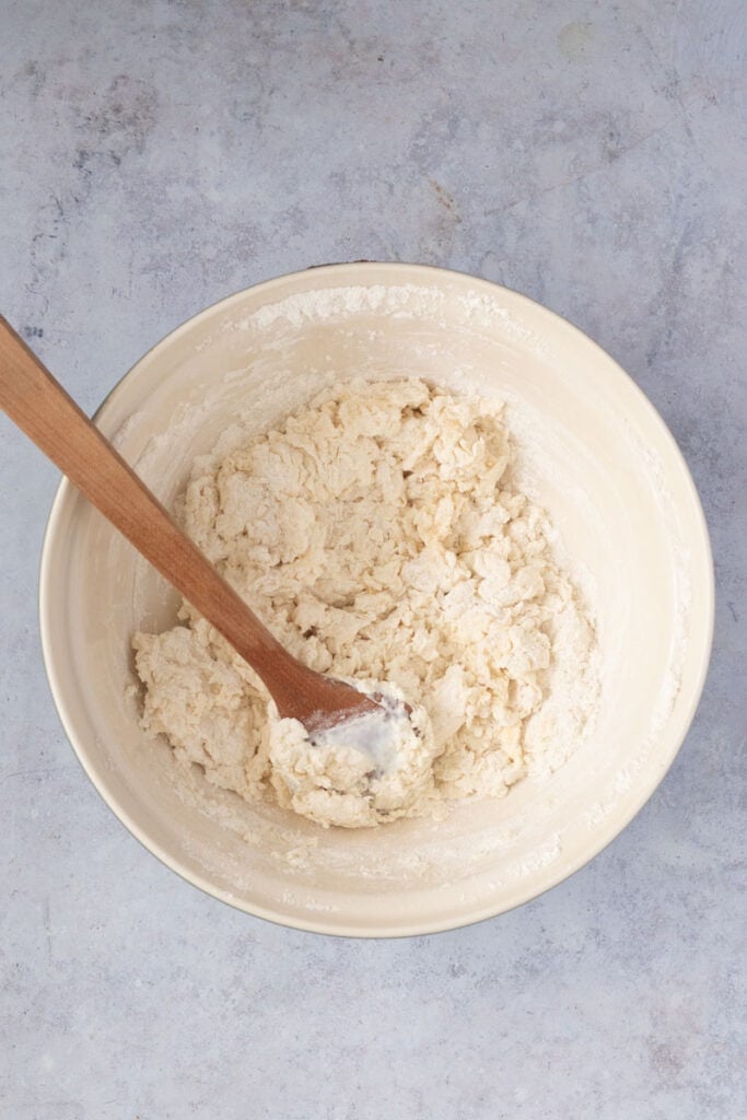 All the ingredients are stirred with a wooden spoon until just combined.