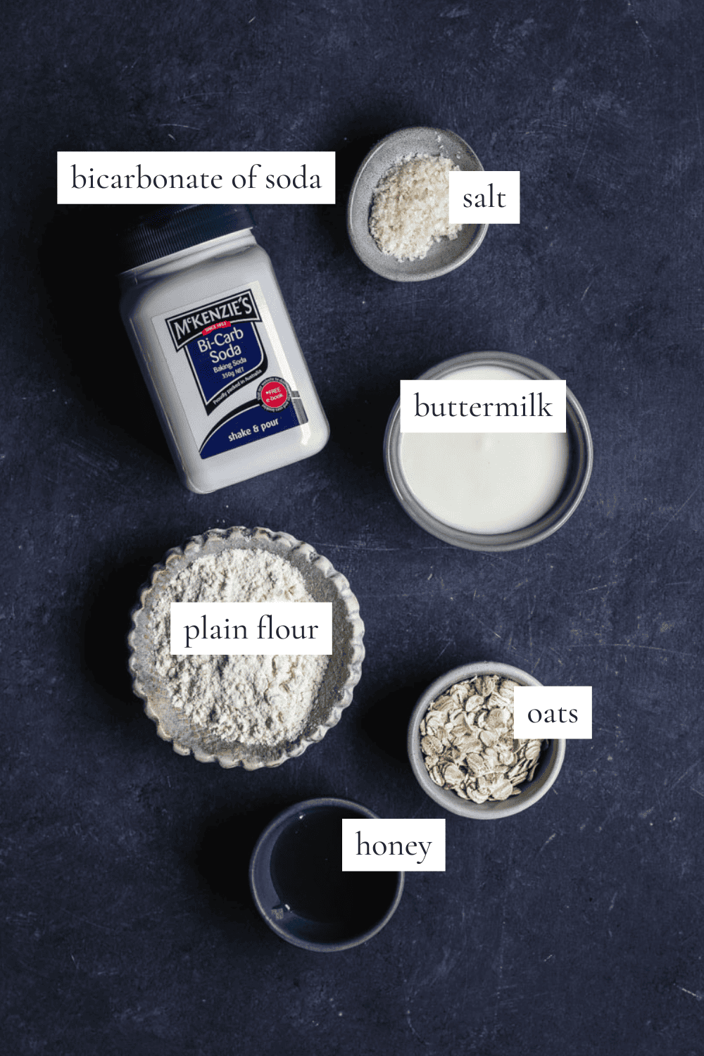 All the ingredients you need to make Irish soda bread on a blue background.