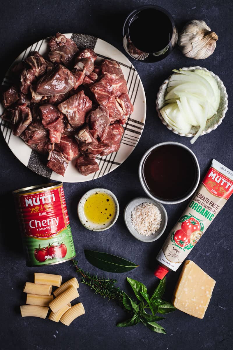 All the ingredients you need to cook slow-cooked beef and red wine ragu.