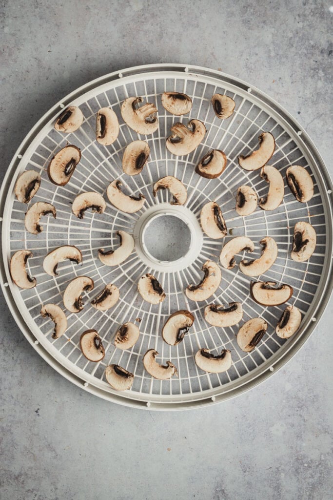 Sliced brown mushrooms on a dehydrator tray before drying.