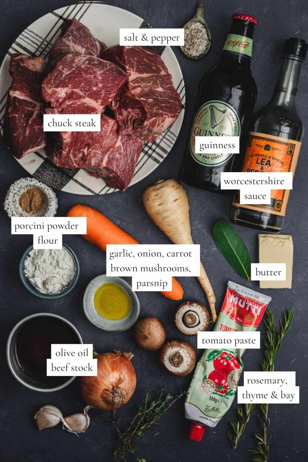 All the ingredients you need to make Beef & Guinness stew.