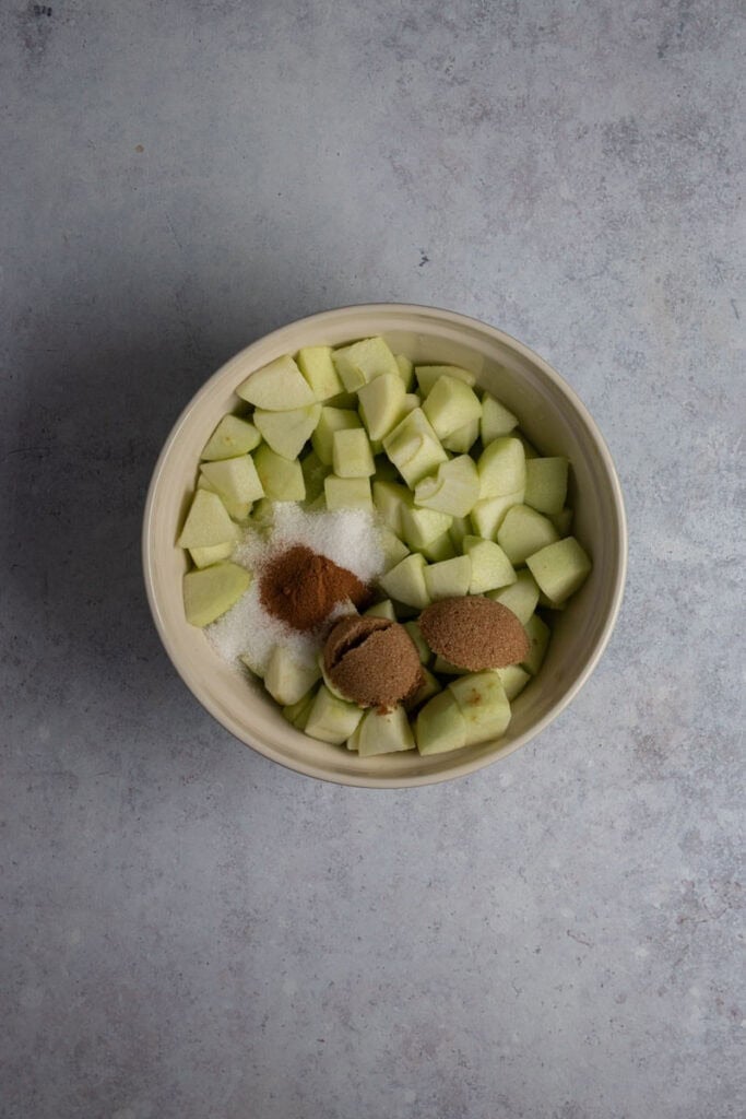 A bowl of apples with sugar and spice added on top.