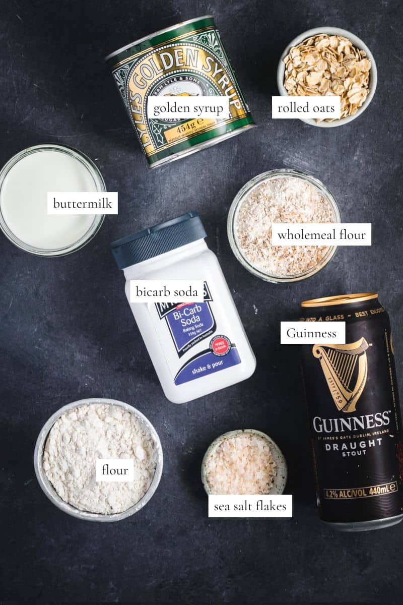 All the ingredients you need to make a loaf of Guinness Bread.