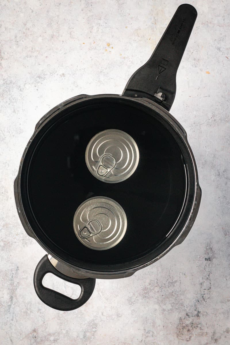 A large pressure cooker filled with water and two cans of condensed milk in it.