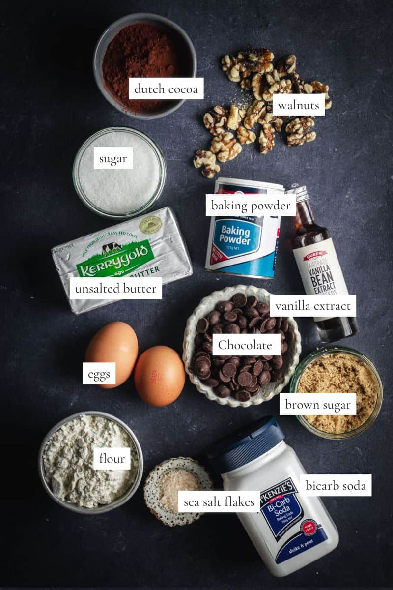 All the ingredients you need to make a chocolate chop skillet cookie.
