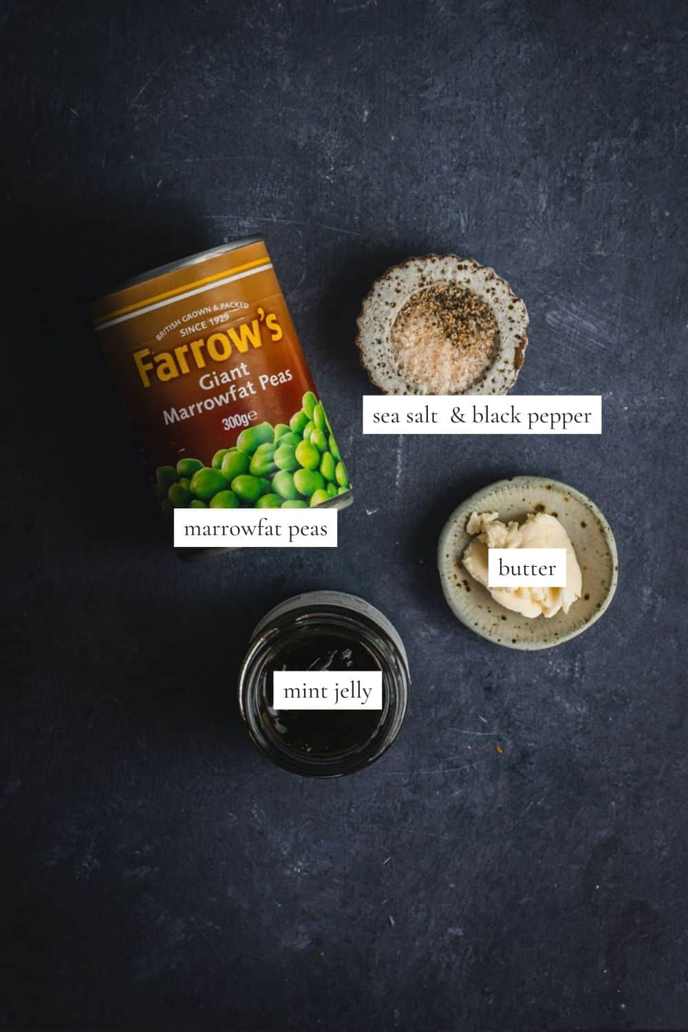 All the ingredients you need to make mushy peas from a can of marrowfat peas.