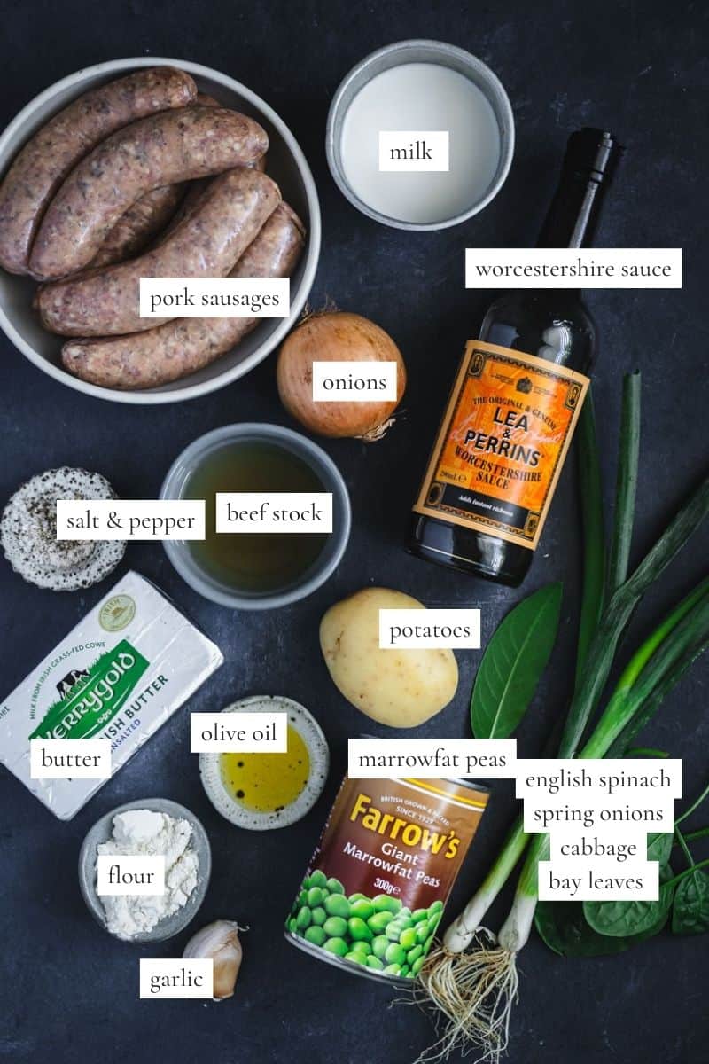 All the ingredients you need to make bangers and mash.