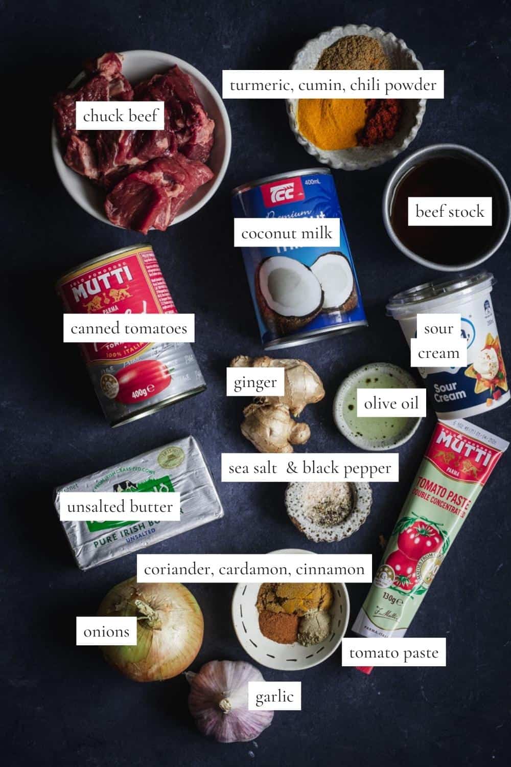 All the ingredients you need to make a slow cooked beef curry.