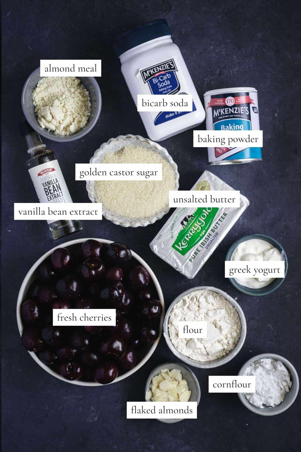 All the ingredients you need to make a skillet fresh cherry cobbler. 