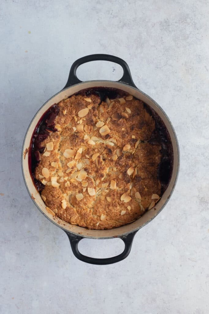 The finished, baked cherry cobbler.