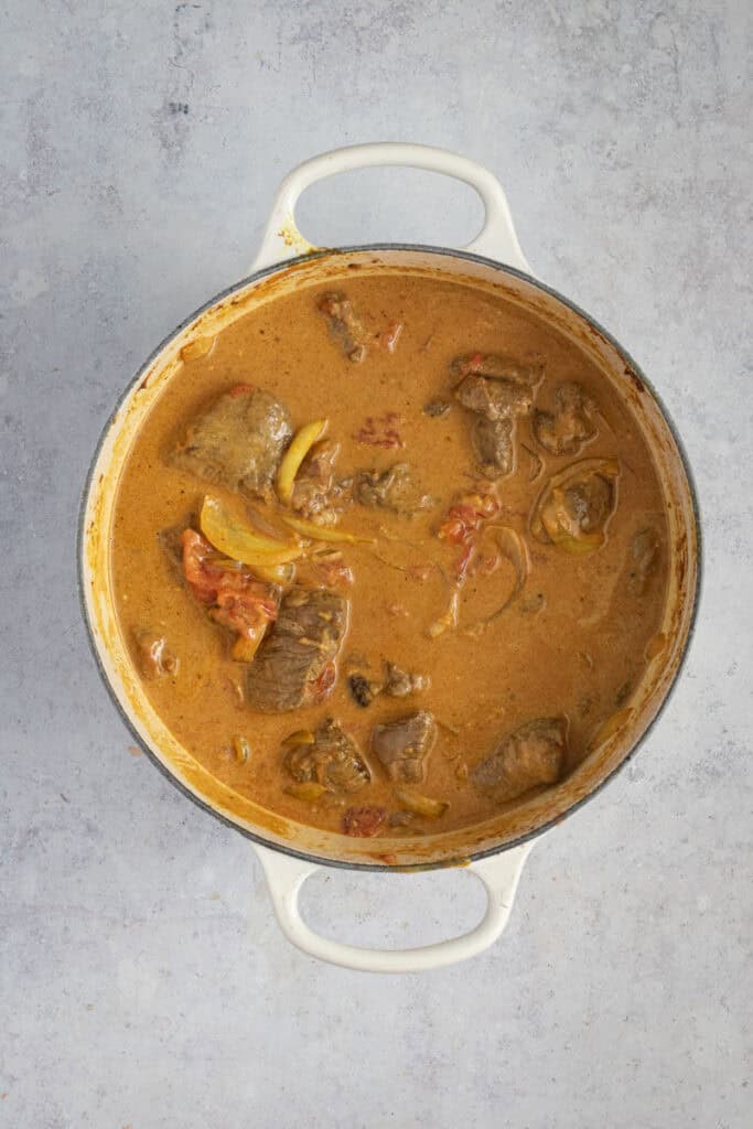 The beef curry is ready for the lid to go on and into the oven.
