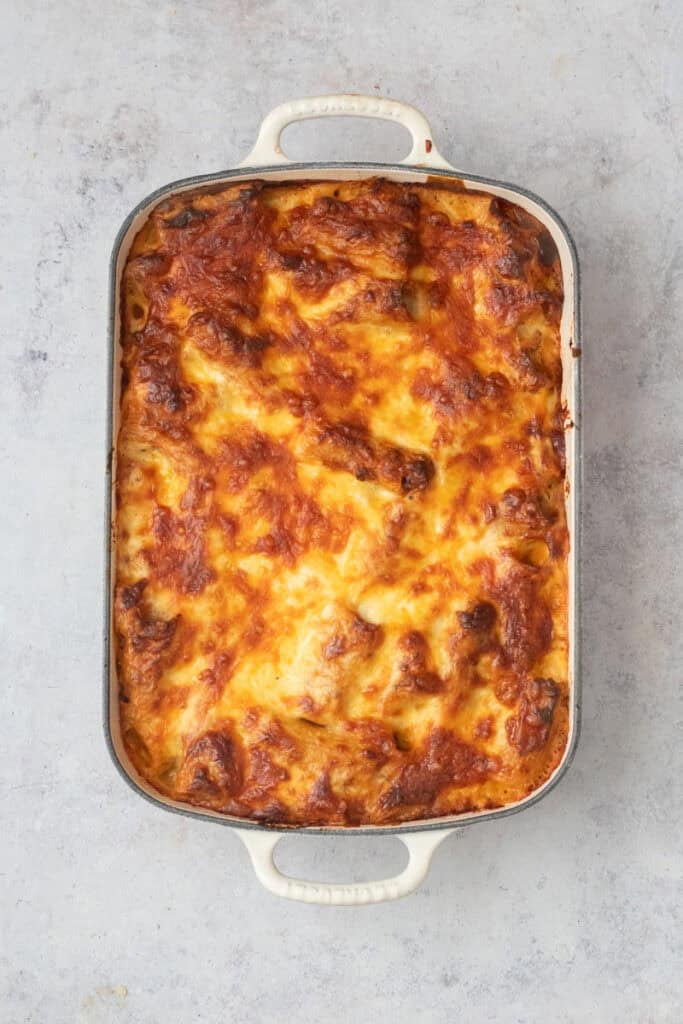 A cooked bolognese pasta bake just out of the oven.
