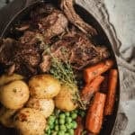 Slow cooked beef pot roast and vegetables.