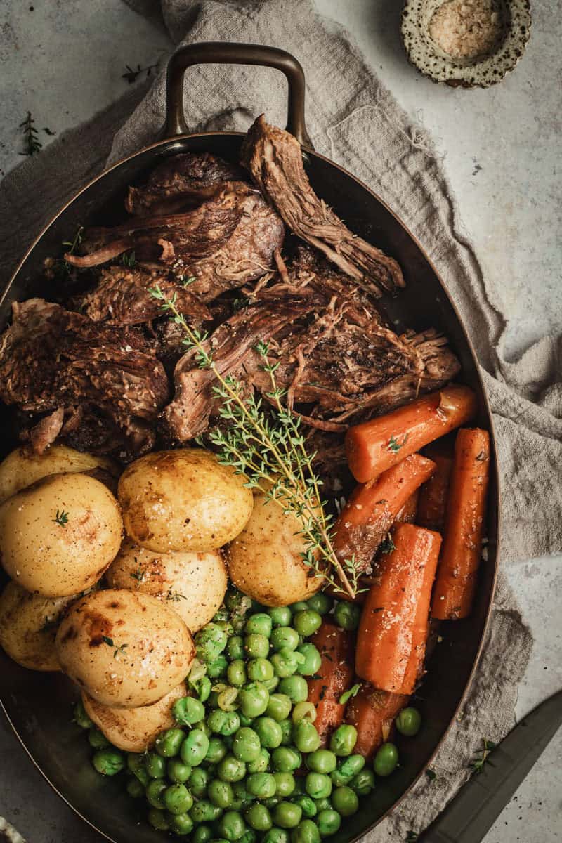 Slow cooked beef pot roast and vegetables.
