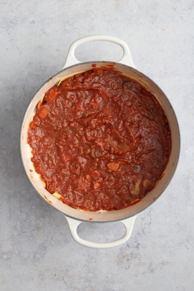 The beef layer in the lasagna.