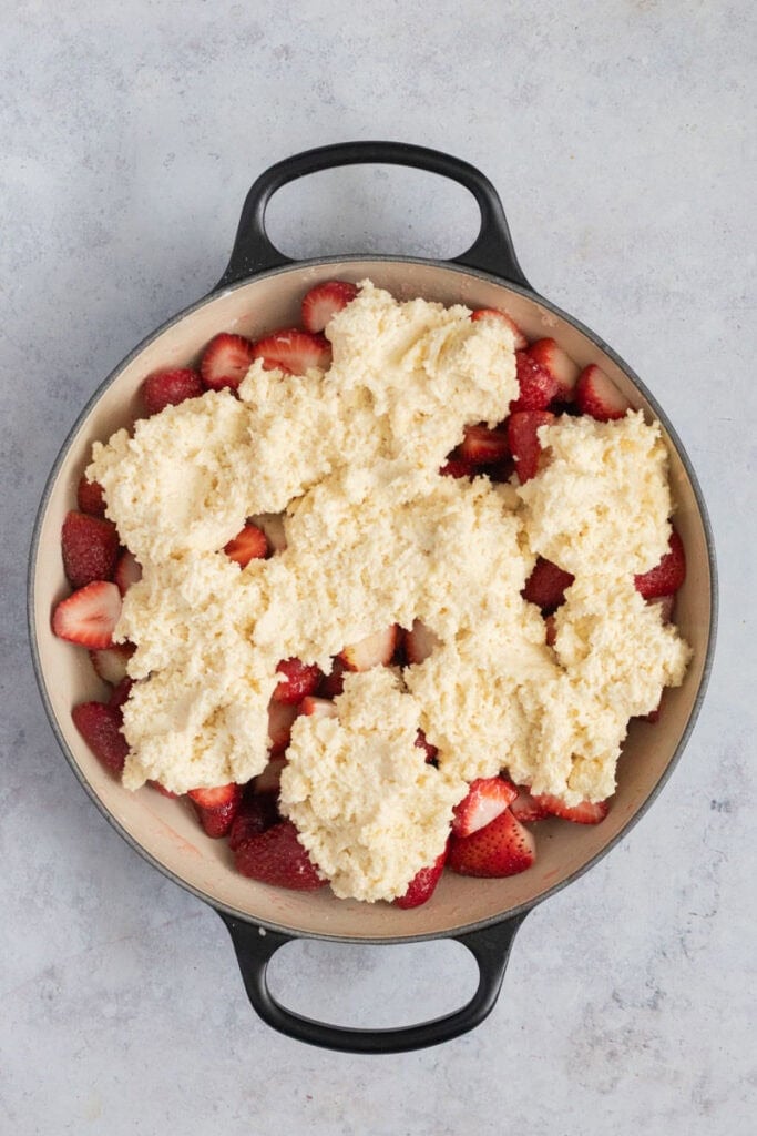 Strawberry cobbler just before it goes into the oven.