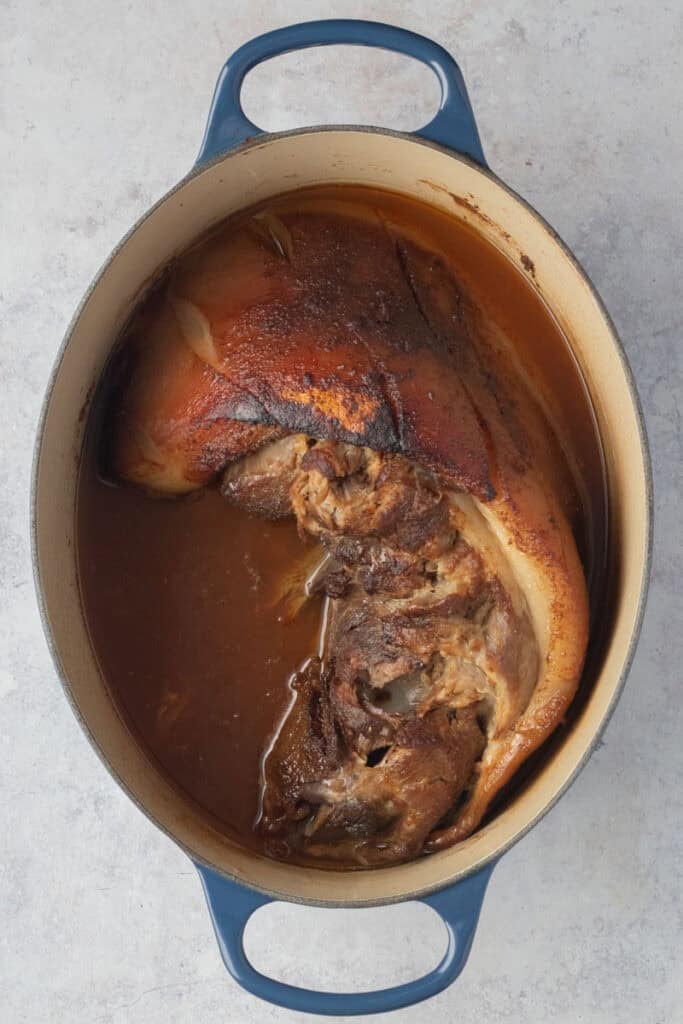 The cooked pork shoulder after 3 hours in the oven.