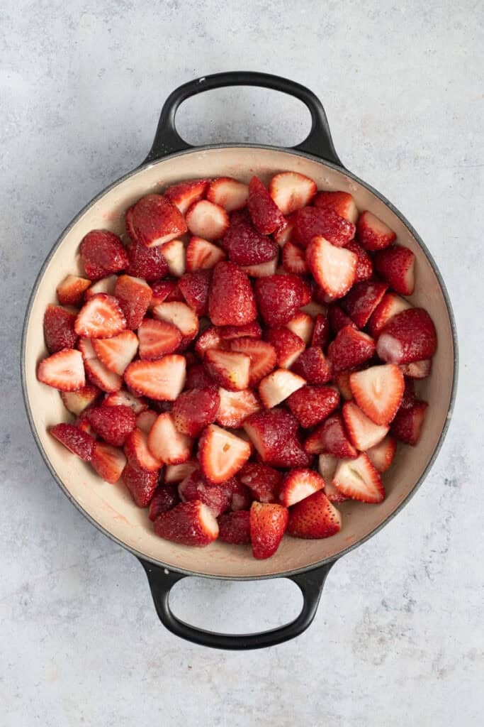 The strawberry mixture macerating in the Dutch oven.