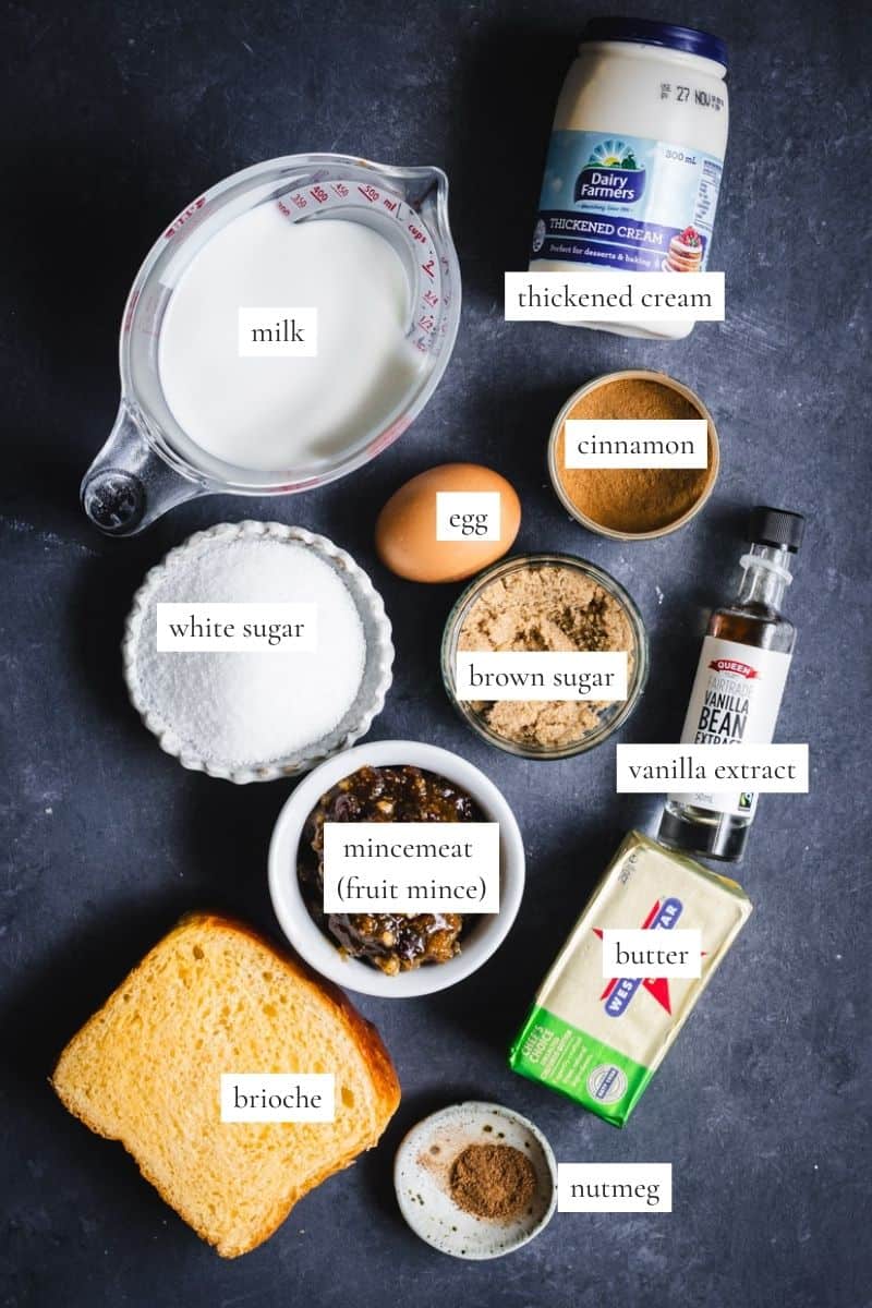 All the ingredients you need to make a festive bread and butter pudding.