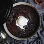 A chocolate self -saucing pudding cooked in an enamel Dutch oven.