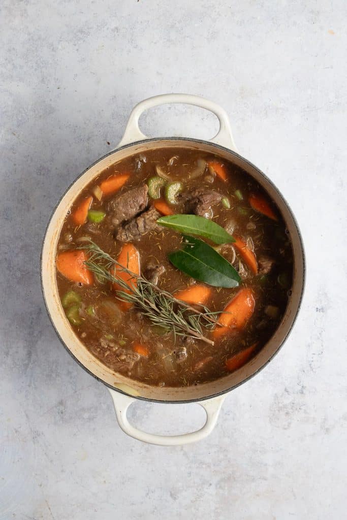 Beef Stew in a Dutch oven before it goes into the oven.