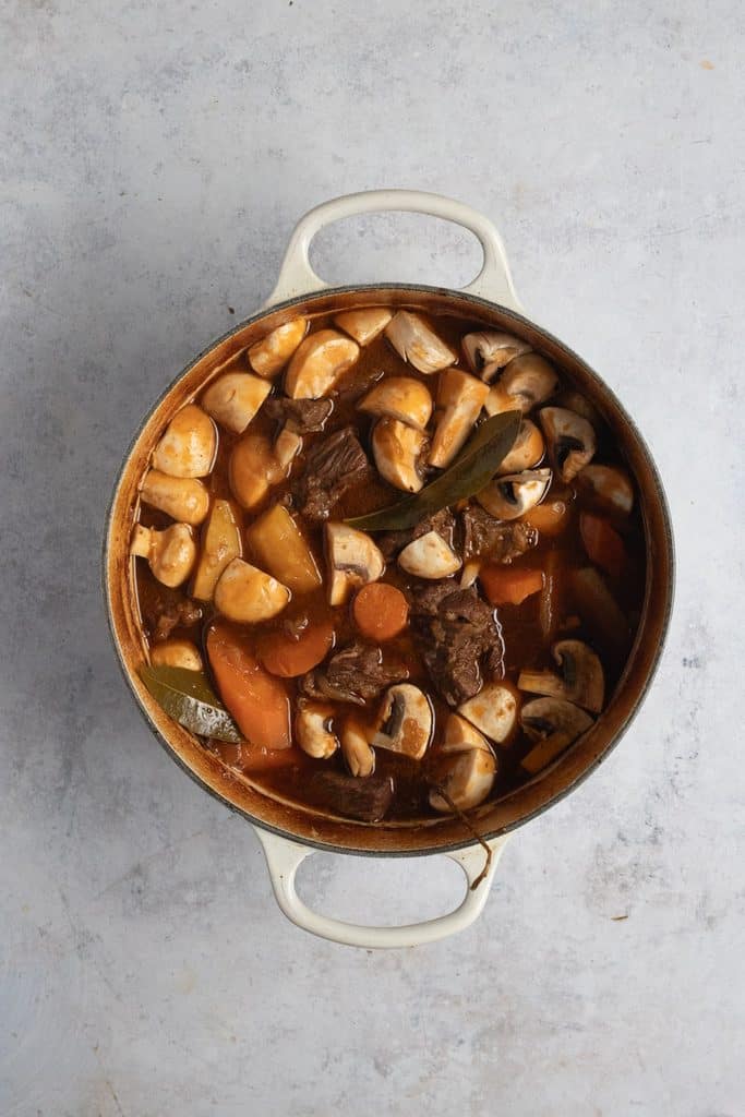 Fresh mushrooms are added to the beef stew.